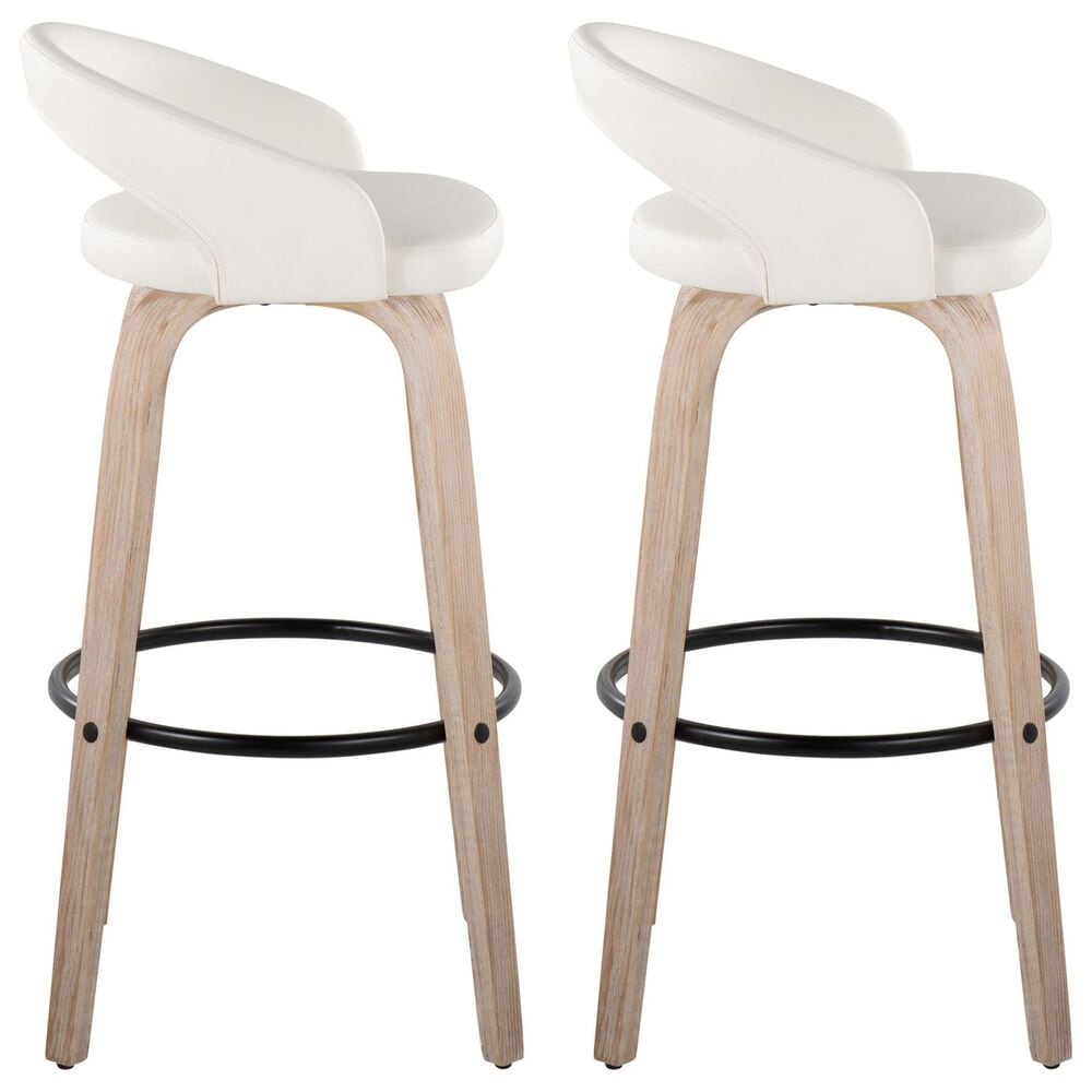 LumiSource Grotto Swivel Bar Stool with White Faux Leather Upholstery in Whitewashed Wood and Black (Set of 2), , large