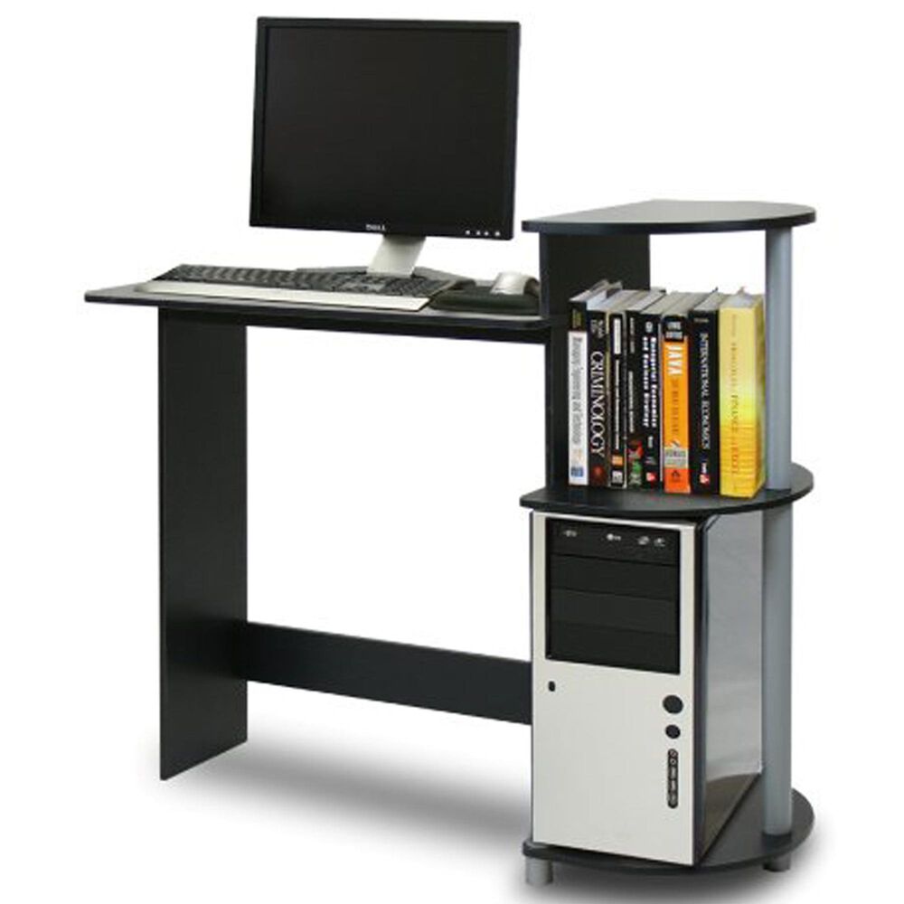 HOMLUX Compact Computer Desk with 3 Side Storage Shelves in Black and Grey, , large
