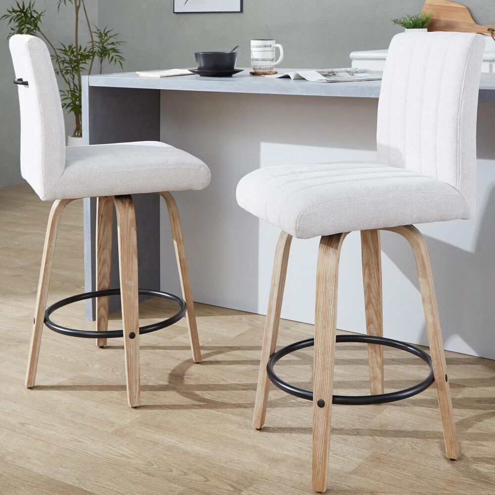 LumiSource Hank Swivel Counter Stool with Light Grey Fabric Upholstery in Whitewashed and Black (Set of 2), , large