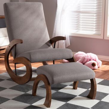 Baxton Studio Kaira 2-Piece Rocking Chair & Ottoman Set in Gray and Walnut, , large