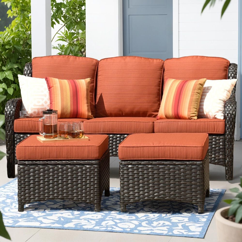 HOMLUX 3-Piece 72" Patio Sofa and Ottoman Set with Brown Wicker in Orange, , large