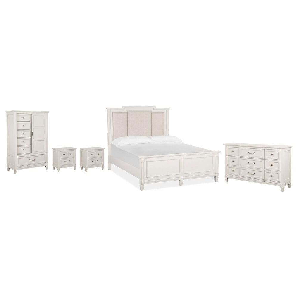 Nicolette Home Willowbrook Queen Panel Bed with Upholstered Headboard with Dresser, Chest, and Two Nightstands in Egg Shell White, , large