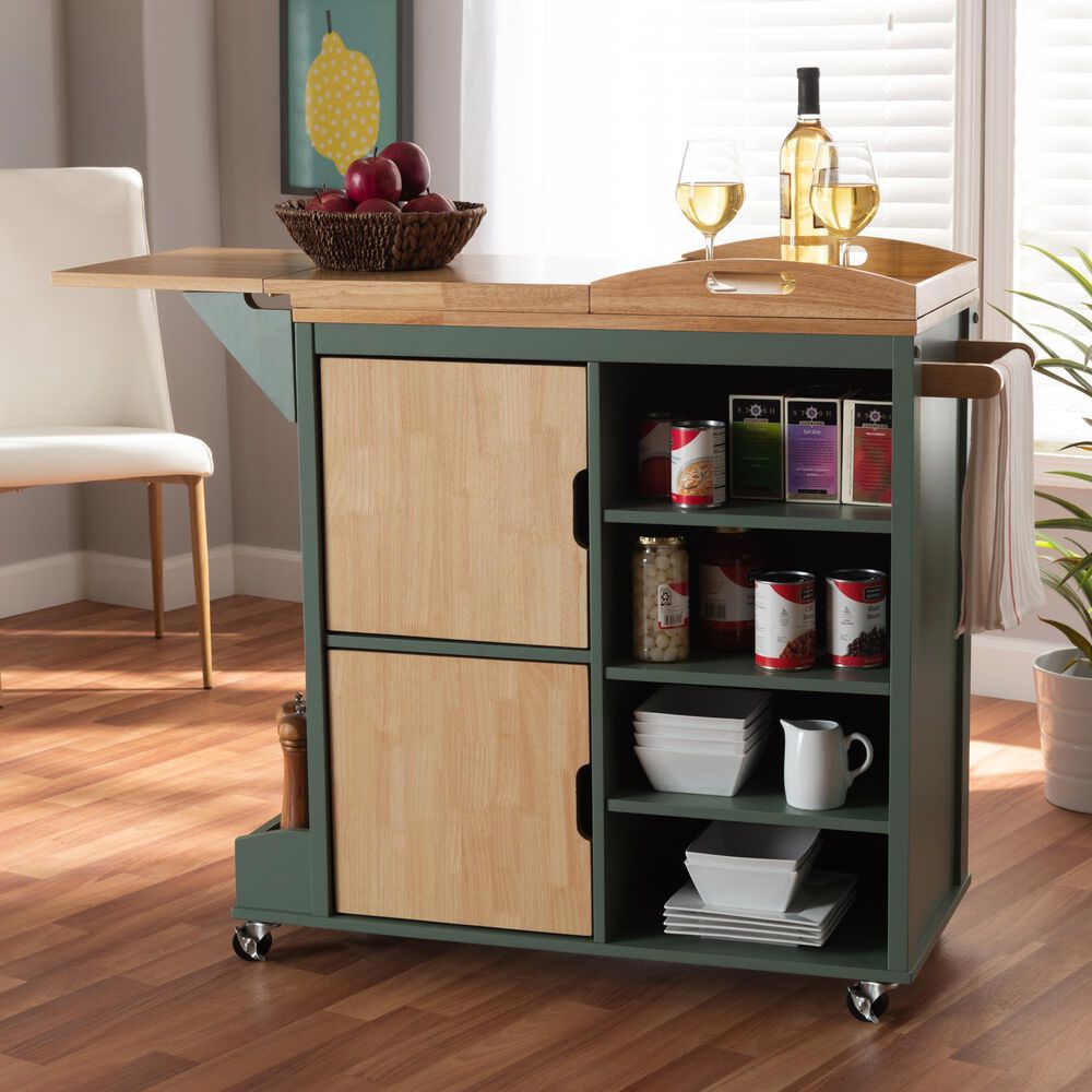 Baxton Studio Dorthy Kitchen Storage Cart in Dark Green and Natural, , large
