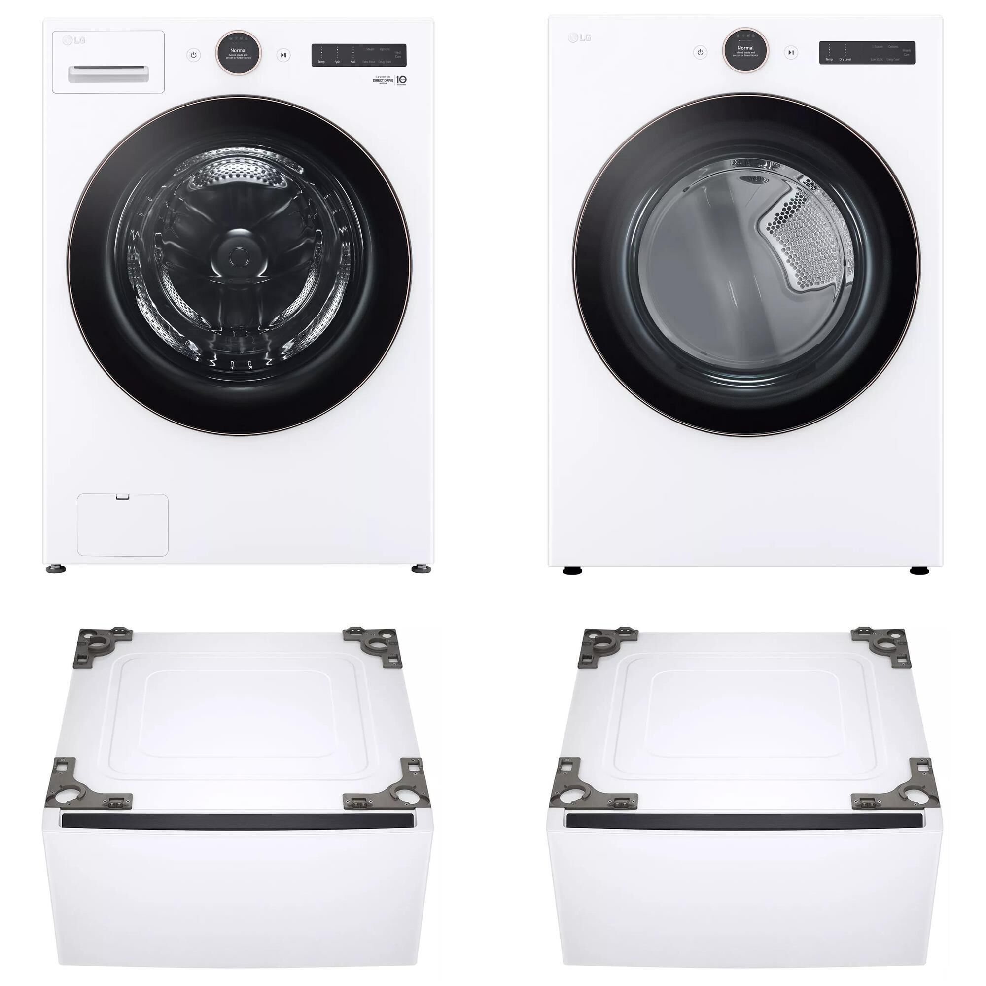 LG Front Load Washer and Gas Dryer with Pedestal in White NFM