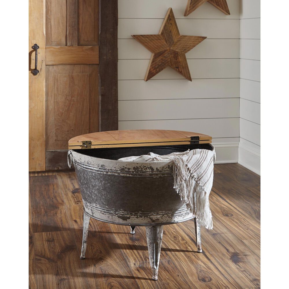 Ashley Shellmond Accent Cocktail Table in Antiqued Galvanized and Light Brown, , large