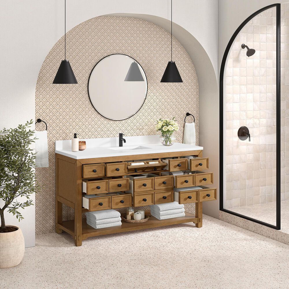 James Martin Malibu 60&quot; Single Bathroom Vanity in Amber Birch with Single Hole 3 cm White Zeus Quartz Top and Rectangular Sink, , large