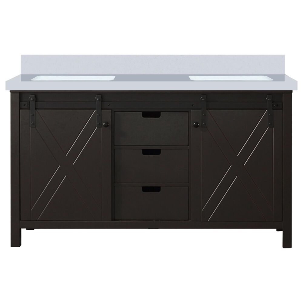 Lexora Home Marsyas 60&quot; Double Bathroom Vanity in Brown with 2 cm White Cultured Marble Top and Rectangular Sinks, , large