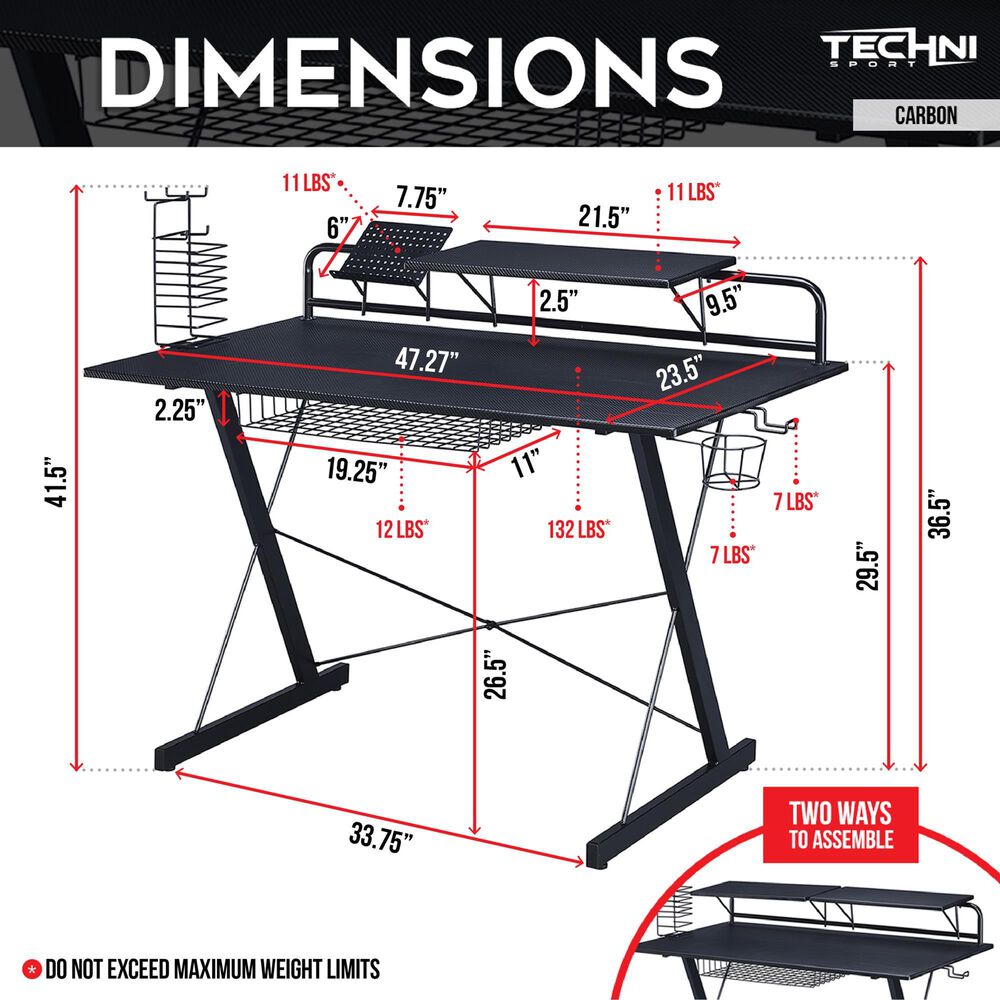 Rta Products Llc Carbon Computer Gaming Desk with Shelving in Black, , large