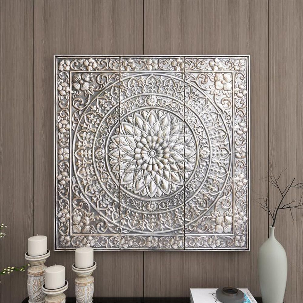 Maple and Jade 36&quot; x 36&quot; Square Floral Embossed Scroll Home Wall Decor in Satin Silver, , large