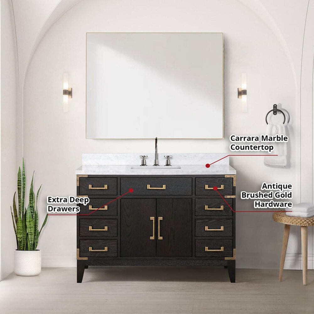Lexora Home Laurel 48&quot; Single Bathroom Vanity in Black Oak with White Carrara Marble Top and Rectangular Sink, , large