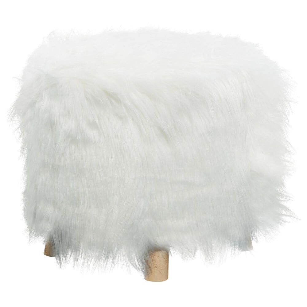 Maple and Jade Faux Fur Stool Ottoman in White, , large