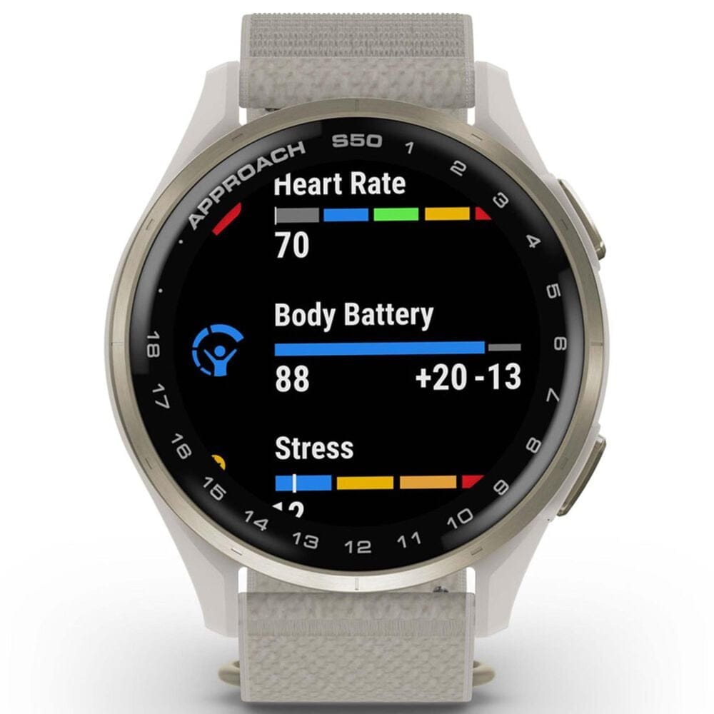 Garmin Approach S50 43mm Golf and Fitness Smartwatch Cream Gold Aluminum Bezel Case with Ivory Nylon Band, , large
