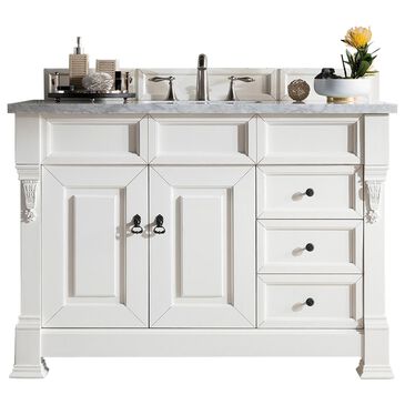 James Martin Brookfield 48" Single Bathroom Vanity in Bright White with 3 cm Carrara White Marble Top and Rectangle Sink, , large
