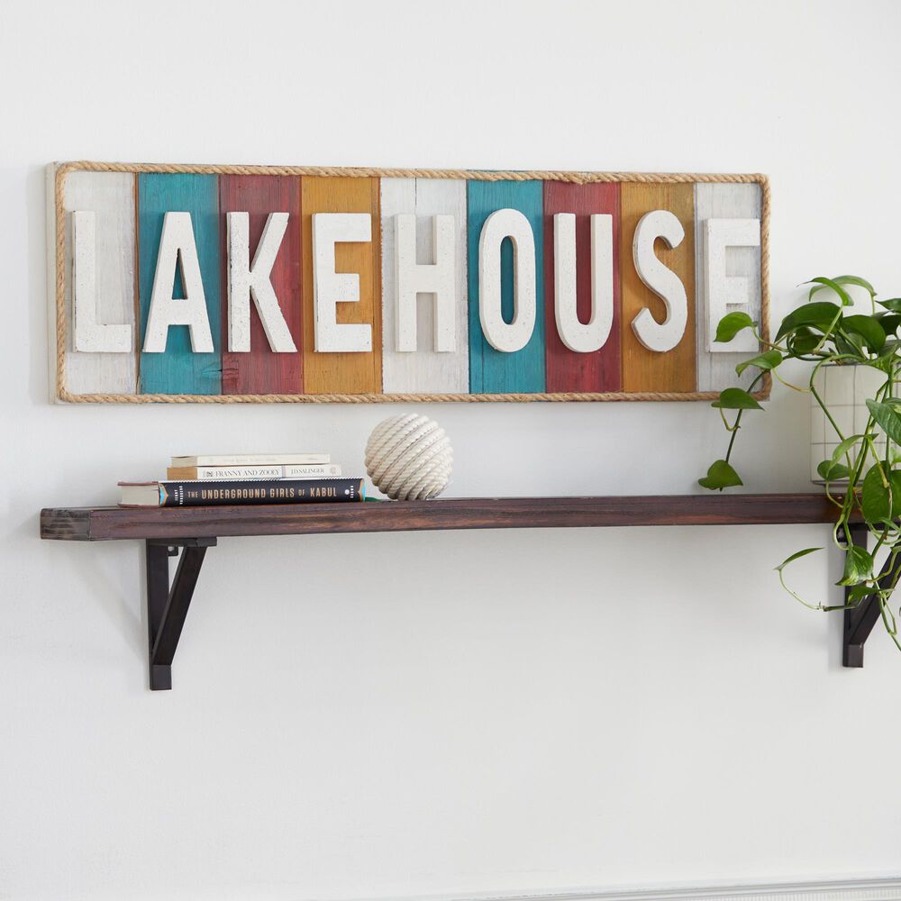 Maple and Jade Lakehouse 11&quot; x 36&quot; Wall Sign in White, Turquoise, Red and Gold, , large