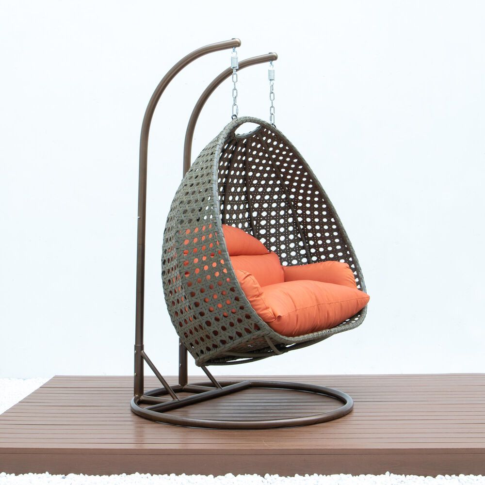 Leisuremod 57&quot; Patio 2-Seat Hanging Egg Swing Chair with Orange Cushion in Beige, , large