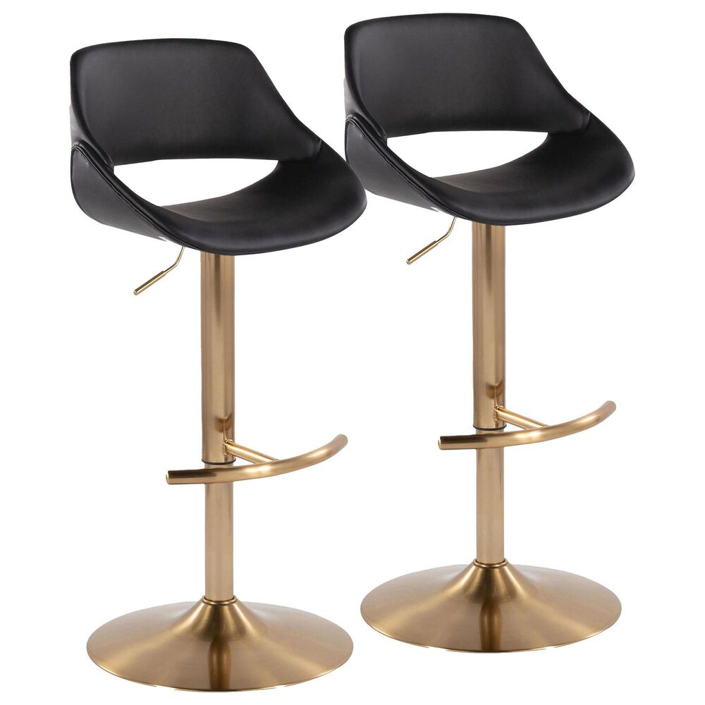 LumiSource Fabrico Swivel Adjustable Bar Stool with Black Faux Leather Upholstery and Rounded T Footrest in Gold (Set of 2), , large