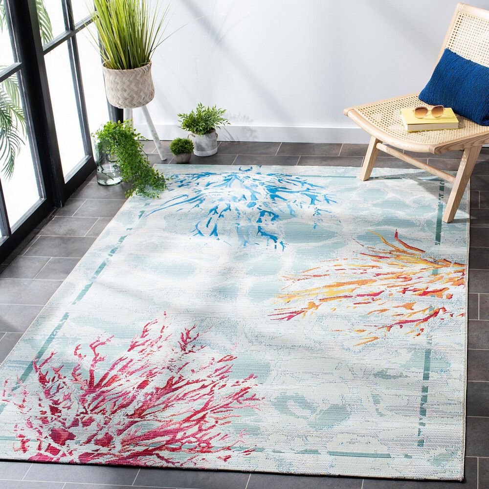 Safavieh Barbados  6&#39;6&quot; x 9&#39;4&quot; Teal and White Indoor/Outdoor Area Rug, , large