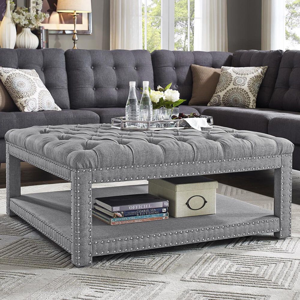 Accentric Approach Accentric Accents Nail Head Cocktail Ottoman in Grey, , large