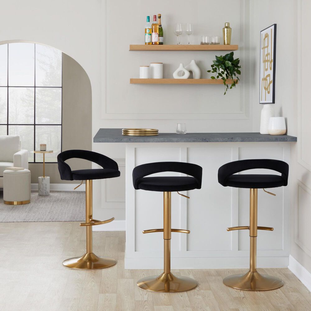 LumiSource Grotto Adjustable Bar Stool with Black Velvet Upholstery in Gold (Set of 2), , large