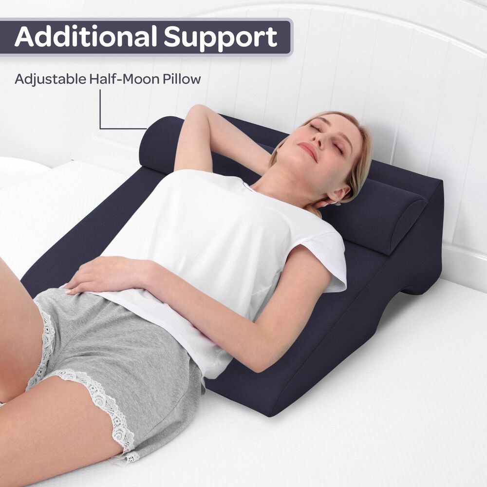 Timberlake 8" Bed Wedge Pillow with Half-Moon Pillow and Washable Covers in Navy, , large