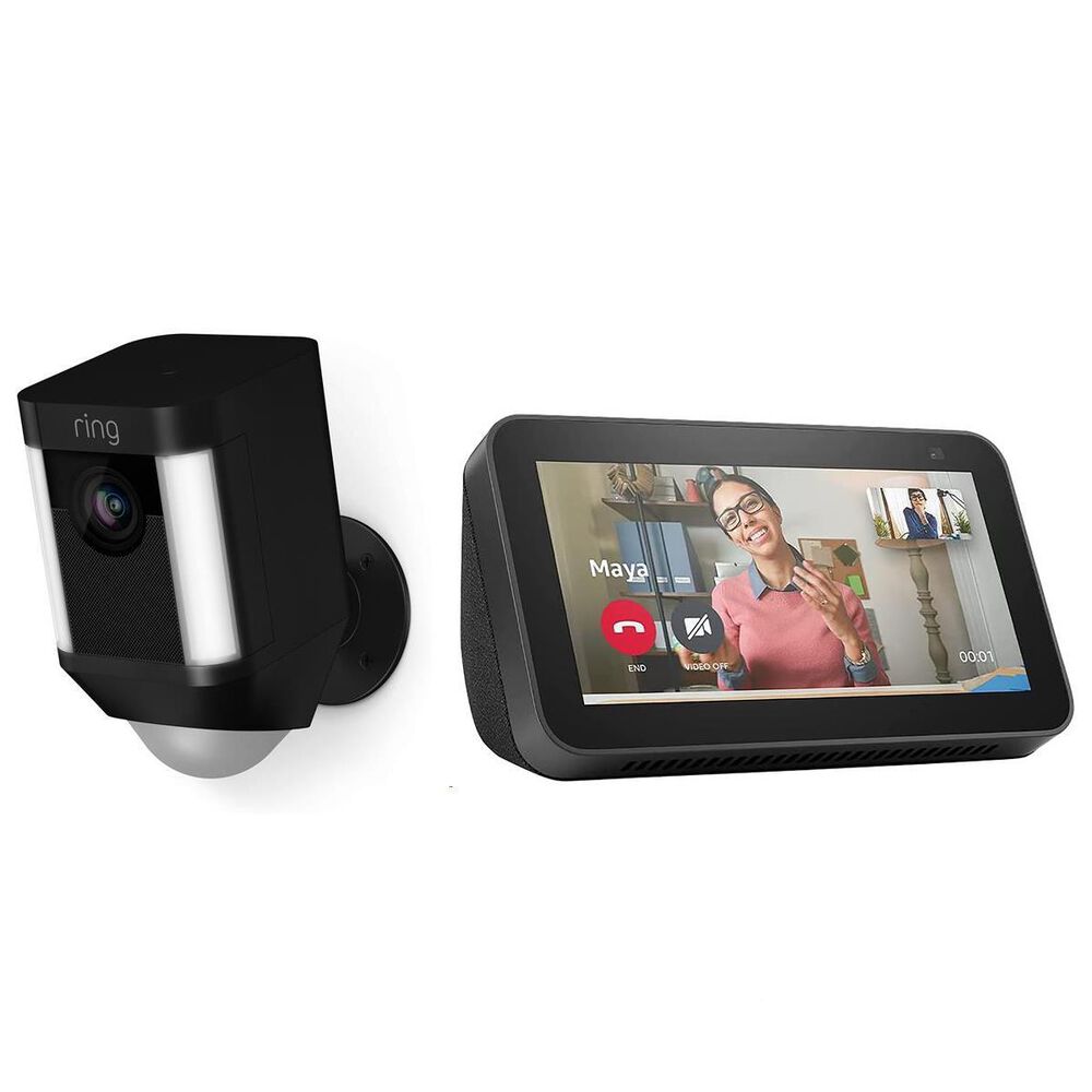 Ring Spotlight Cam Battery Powered in Black + Amazon Echo Show 5 Smart Display with Alexa in Charcoal, , large