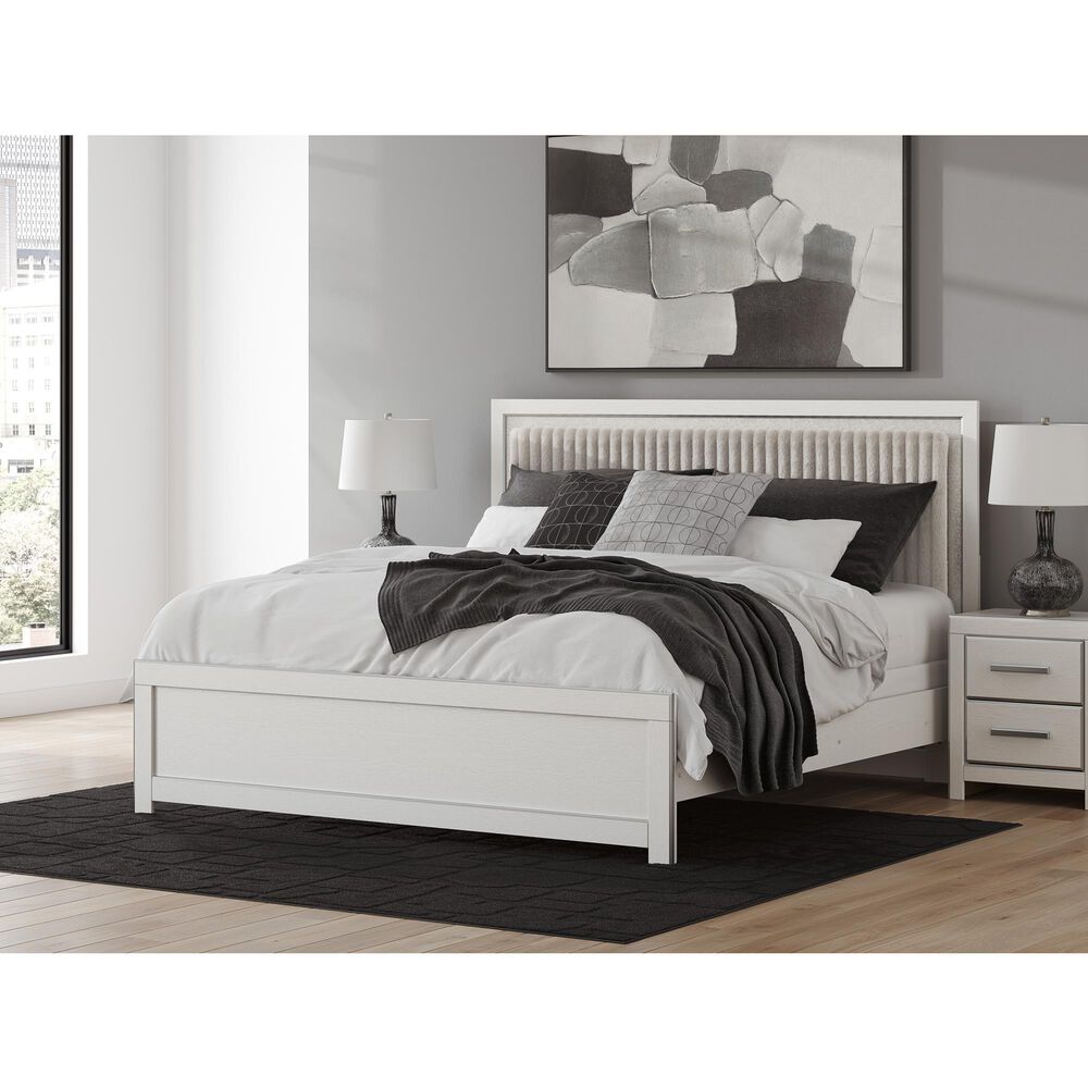 Ashley Zuraleus King Upholstered Panel Bed with Two Nightstands in Matte White, , large
