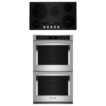 Kitchenaid 2-Piece Kitchen Package with PrintShield Stainless Steel 30" Double Wall Oven and 36" Black Electric Cooktop, , large
