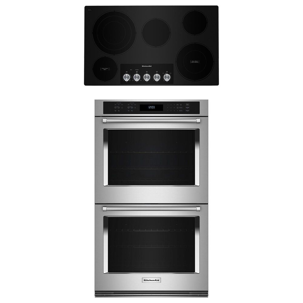 Kitchenaid 2-Piece Kitchen Package with PrintShield Stainless Steel 30" Double Wall Oven and 36" Black Electric Cooktop, , large