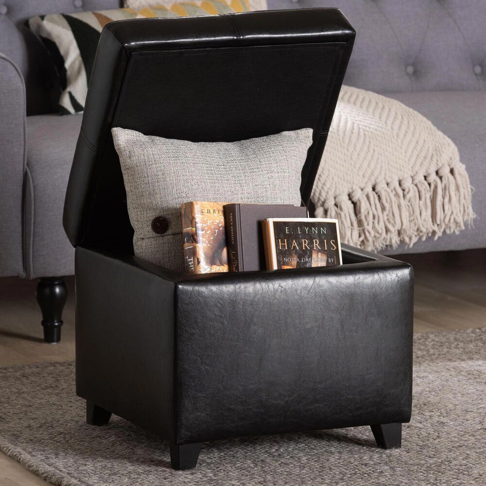 Baxton Studio Leather Cube Storage Ottoman in Black, , large
