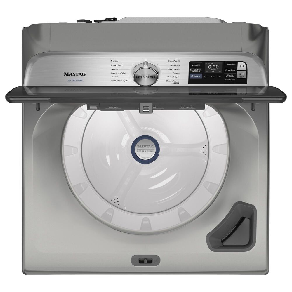 Maytag 5.3 Cu. Ft. Smart Pet Pro Top Load Impeller Washer and 7.4 Cu. Ft. Electric Smart Top Load Dryer Laundry Pair in Classic Silver, , large