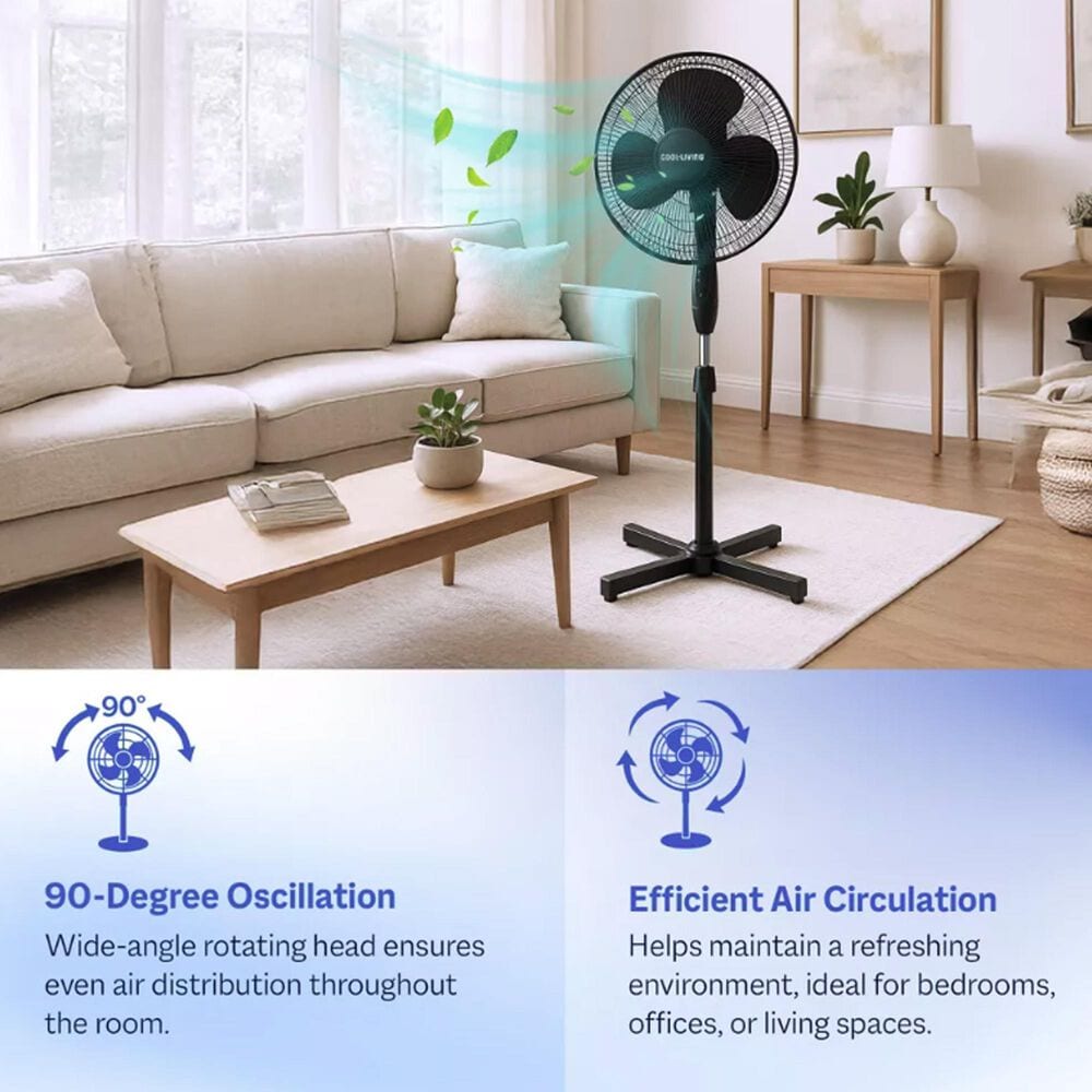 Cool-Living 16" 3-Speed Oscillating Pedestal Fan with Adjustable Height &amp; Tilt in Black, , large