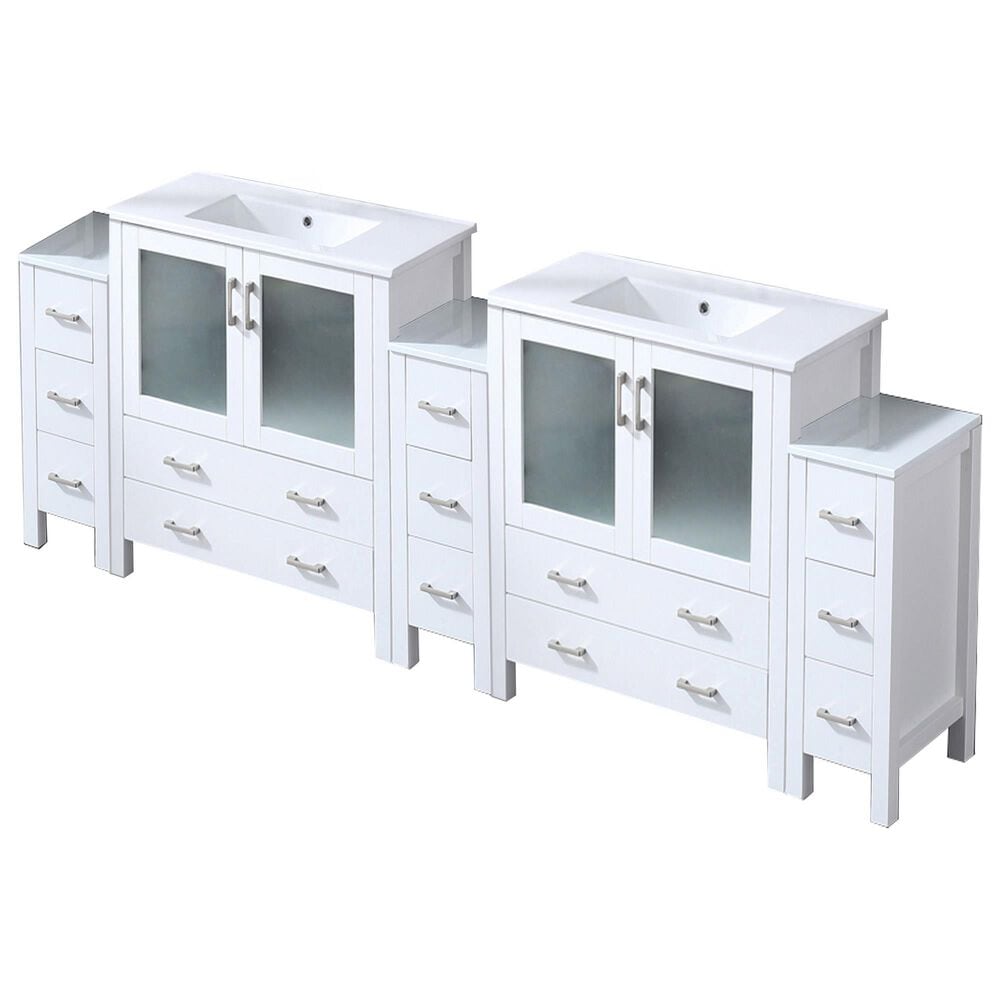 Lexora Home Volez 96" Double Bathroom Vanity in White with 2 cm White Ceramic Top, Rectangular Sinks and Side Cabinets, , large