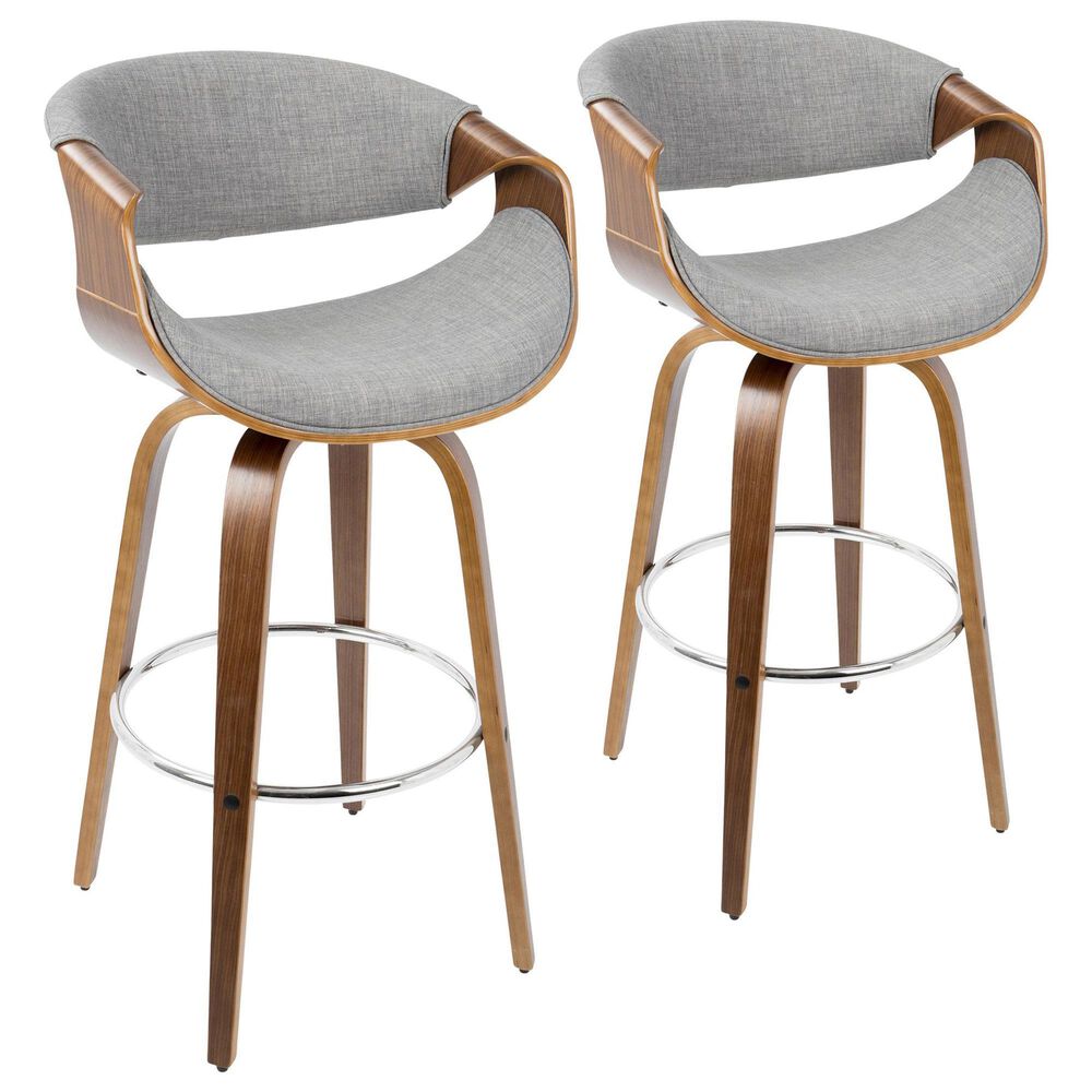 LumiSource Curvini 30" Swivel Barstool with Grey Upholstery in Walnut and Chrome (Set of 2), , large