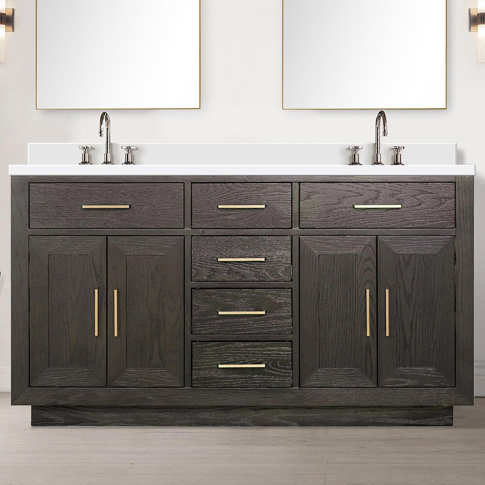 Lexora Home Abbey 60&quot; Double Bathroom Vanity in Brown Oak with 2 cm White Cultured Marble Top and Rectangular Sinks, , large