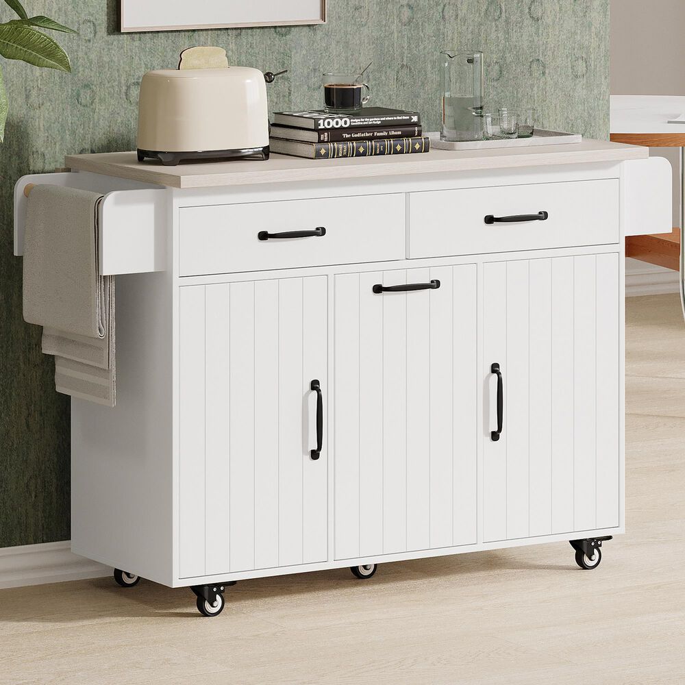 HOMLUX 44" Kitchen Island with Trash Can Storage Cabinet in White, , large