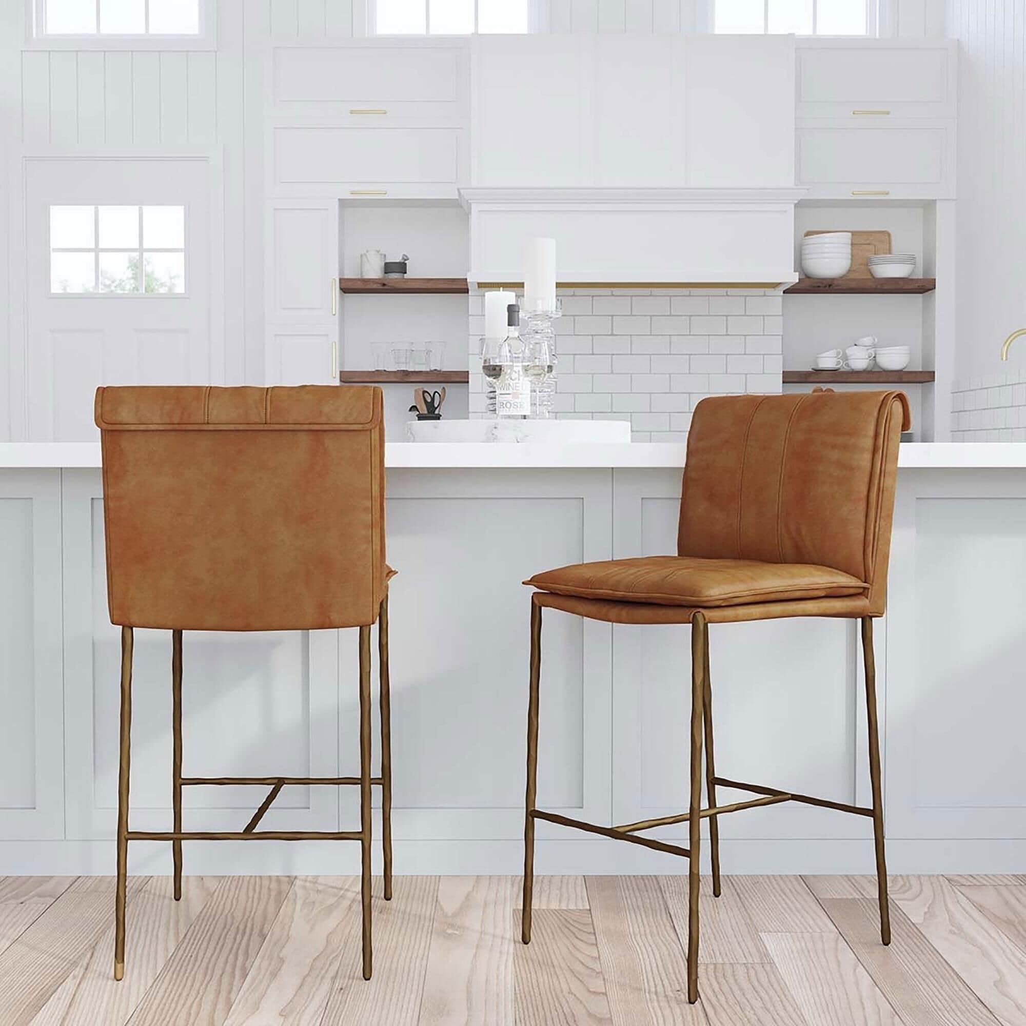 Classic Home Mayer 26 Counter Stool in Aged Brass Finish and Adobe Tan Top Grain Leather NFM