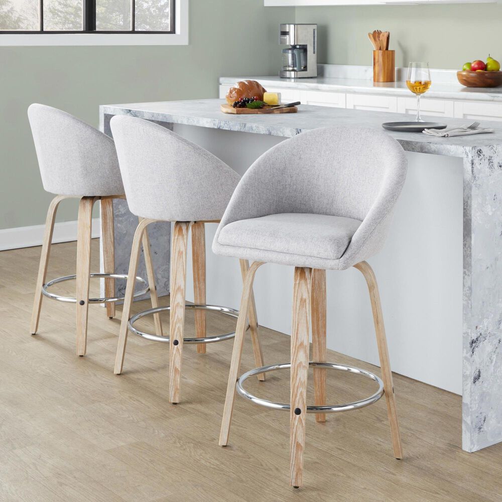 LumiSource Matisse 26" Swivel Counter Stool with Grey Fabric Upholstery in Whitewashed and Chrome (Set of 2), , large