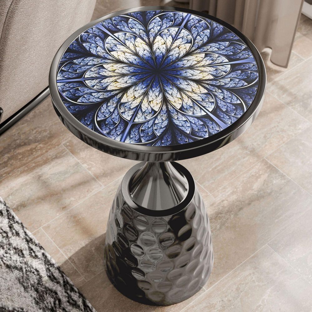 Furniture of America Gleam Round End Table in Black Nickel and Radiating Blue, , large