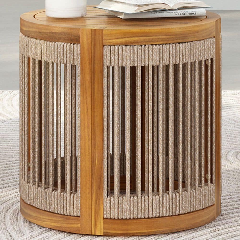 Hearth and Haven Outdoor Round Acacia Wood Side Table with Handwoven Rope Accents in Natural, , large