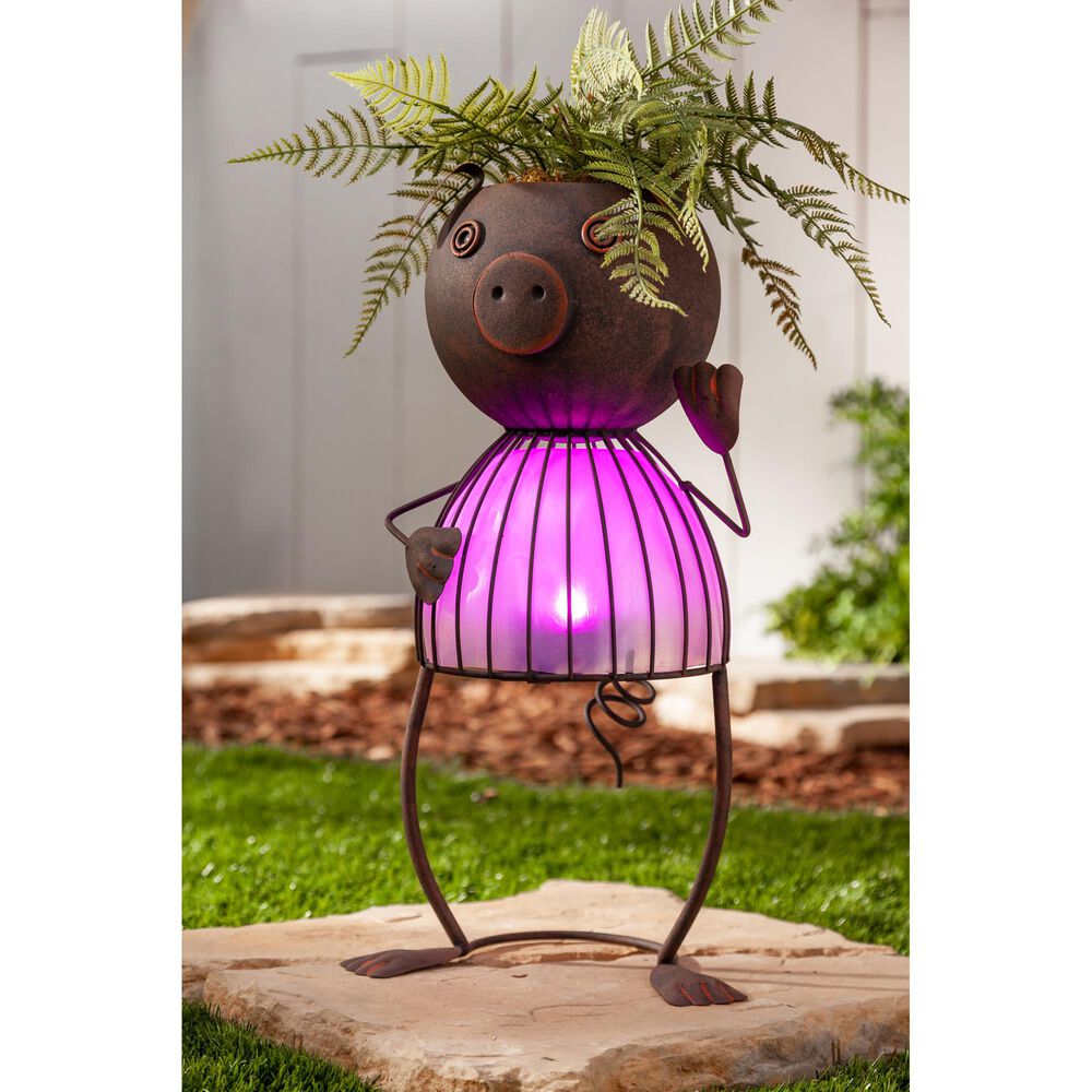 The Gerson Company 20.87&quot; Solar Lighted Garden Pig Pot Head in Rustic Brown, , large