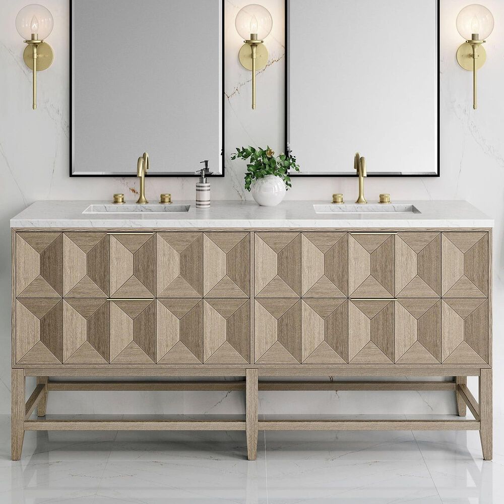 James Martin Vanities Emmeline 72" Double Bathroom Vanity in Pebble Oak with 3 cm Arctic Fall Solid Surface Top and Rectangular Sinks, , large
