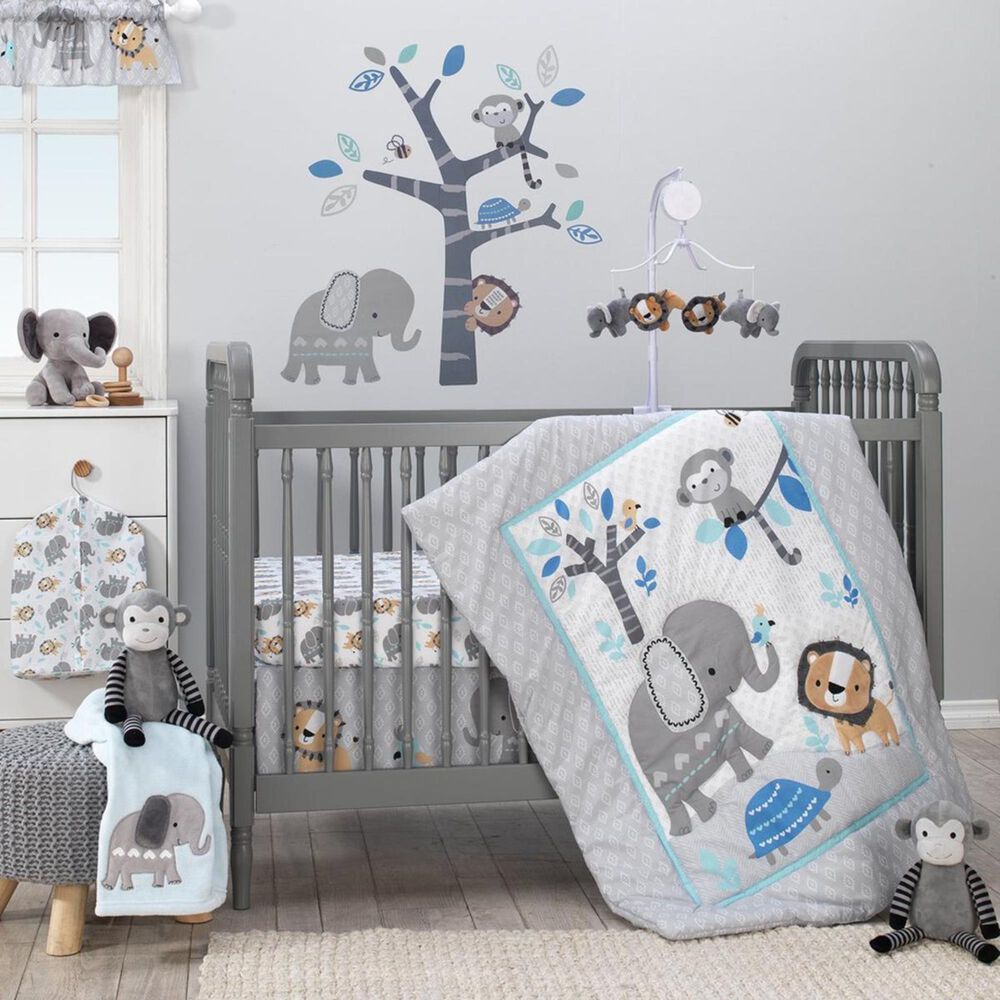 Lambs and Ivy Jungle Fun 3Piece Bedding Set in Gray, Blue and White Nebraska Furniture Mart