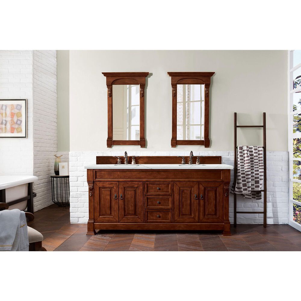 James Martin Vanities Brookfield 72&quot; Double Bathroom Vanity in Warm Cherry with 3 cm Ethereal Noctis Quartz Top and Rectangle Sinks, , large