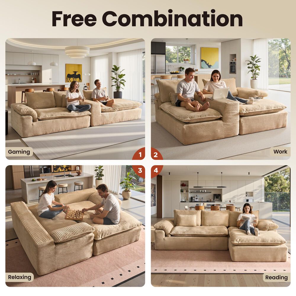 HOMLUX 112" Modern Sectional Sofa with Curved Armrests in Beige, , large