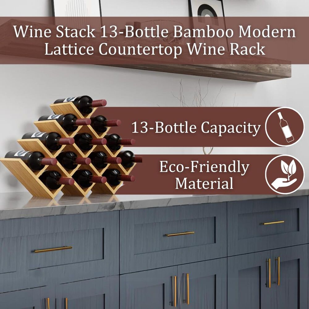 HOMLUX Modern Lattice 13-Bottle Bamboo Countertop Wine Rack in Natural, , large