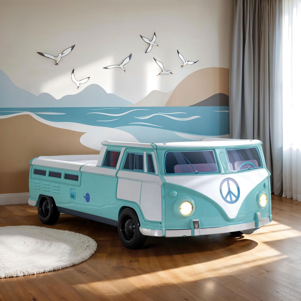 Furniture of America Peace Bus Twin Bed in Teal with LED Lights and Sound Effects, , large