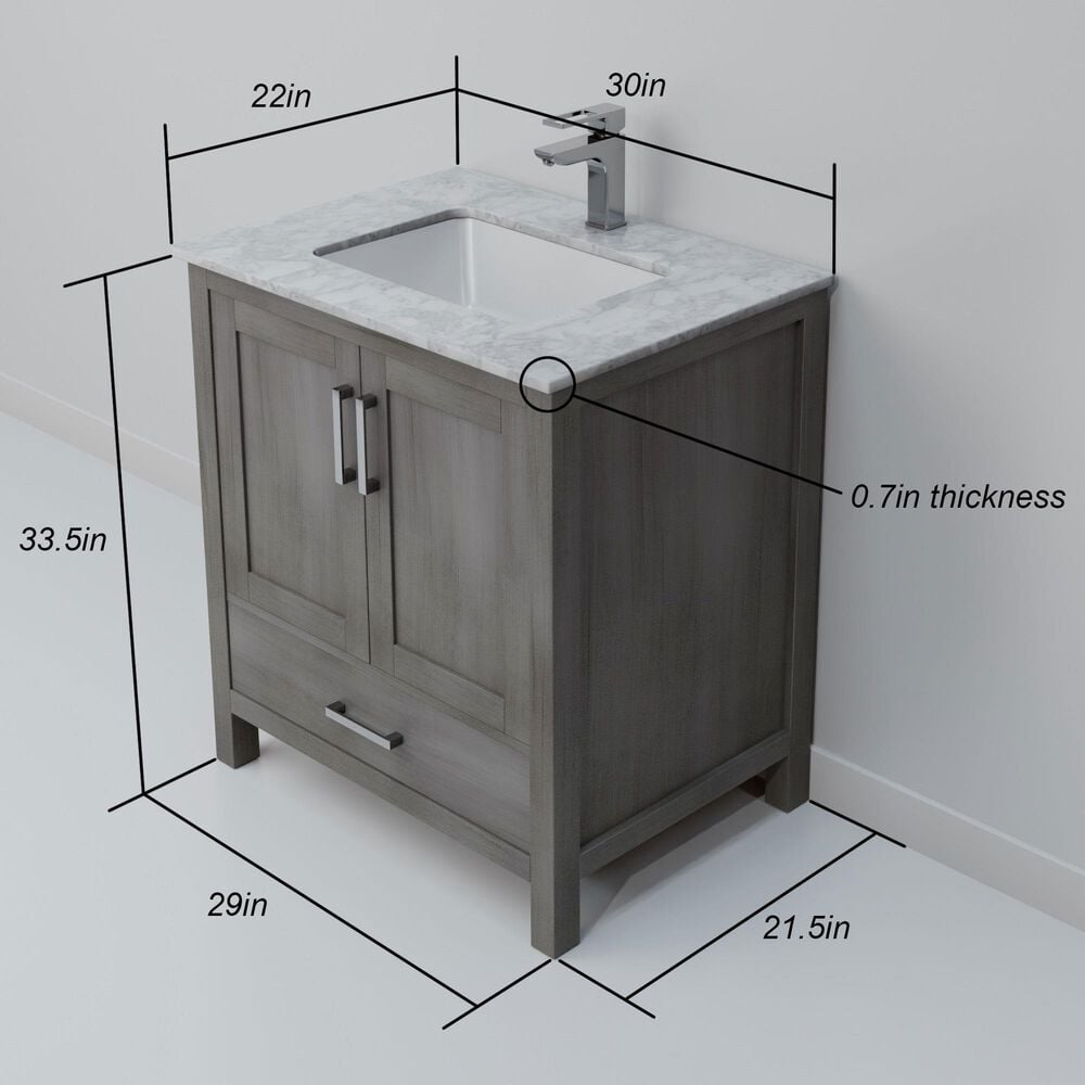 Lexora Home Jacques 30" Single Bathroom Vanity in Distressed Grey with 2 cm White Carrara Marble Top and Rectangular Sink, , large