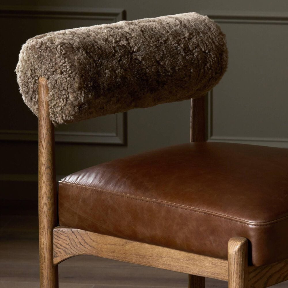 Four Hands Jazelle Counter Stool with Taupe Shearling Upholstery in Tan Oak, , large
