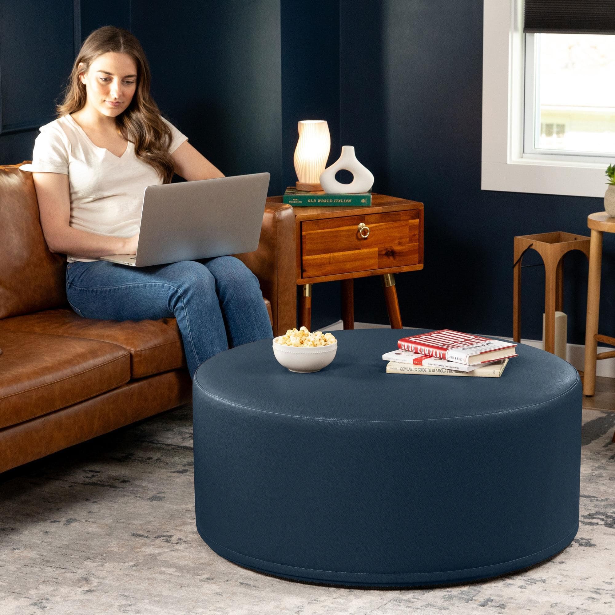 Jaxx Candler Faux Leather Ottoman in Oxford Blue