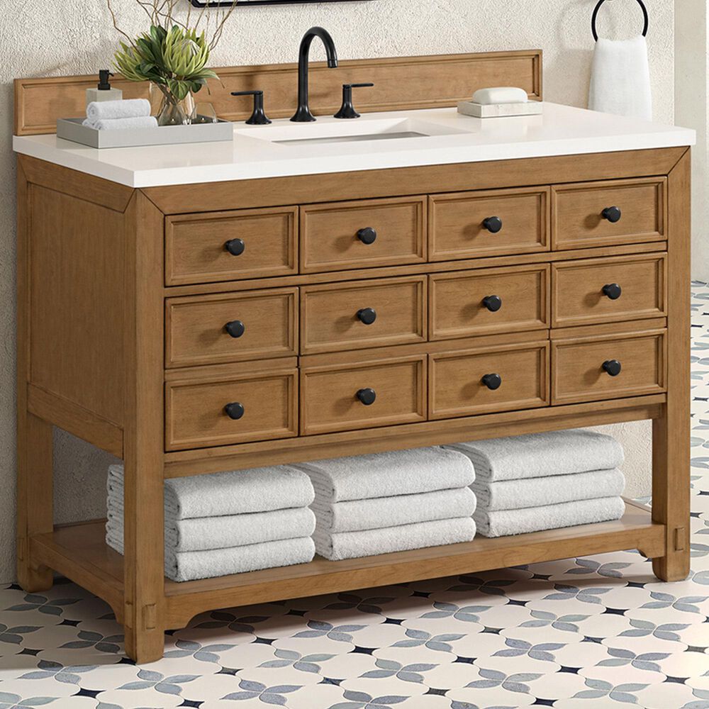 James Martin Malibu 48&quot; Single Bathroom Vanity in Amber Birch with 3 cm White Zeus Quartz Top and Rectangular Sink, , large